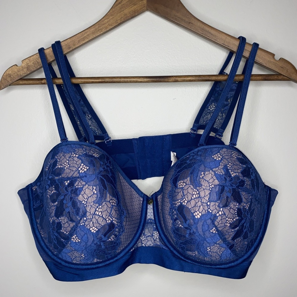 Cacique Convertible Strapless Bra 42D Multi-Way Wired Full Coverage Lace Blue